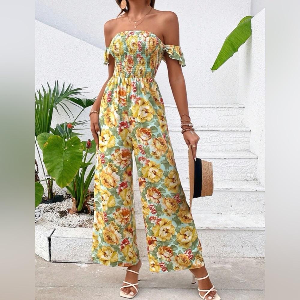 Floral Print Off Shoulder Ruffle Trim Long Leg Lightweight Romper Jumpsuit